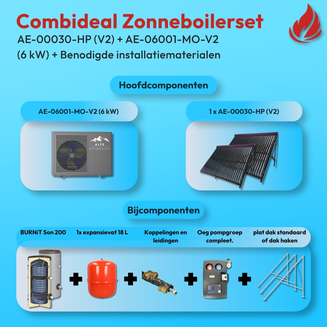 Complete zonneboilerset 1× 30HP 200L + ALPS EXCLUSIVE AE-06001-MO-V2 (6,0 kW)